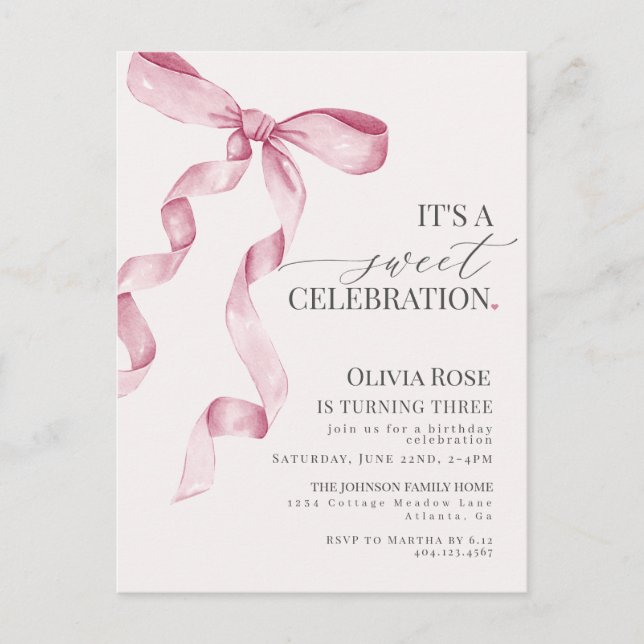 Pink Coquette Bow Girl Birthday Party Invitation Postcard (Front)