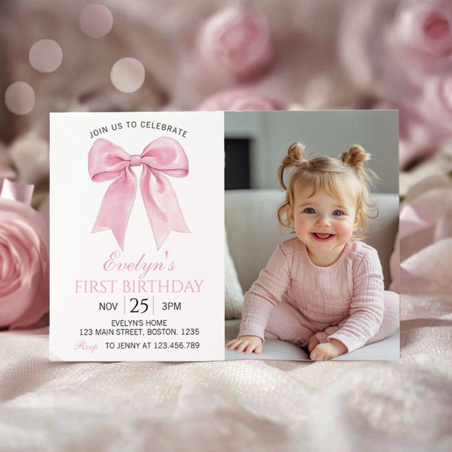 Pink Coquette Bow Girl Birthday Photo Invitation (Creator Uploaded)