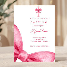 Pink Coquette Bow Girls Baptism Invitation
