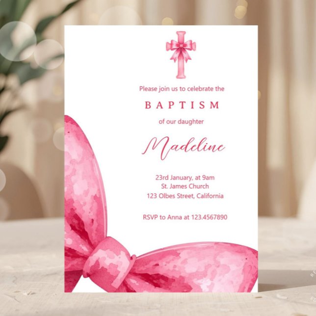Pink Coquette Bow Girls Baptism Invitation (bow baptism, pink bow invite, christening girl, baptism girl invite, ribbon, pink, minimal, elegant,)