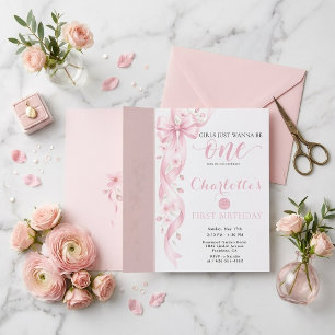 Pink Coquette Bow Girls Just Wanna Be One Birthday Invitation
