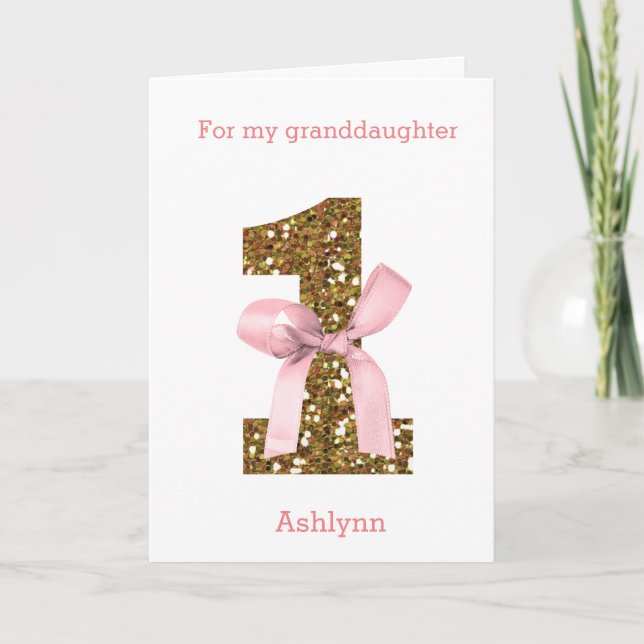 Pink Coquette Bow Gold Glitter One Birthday  Card (Front)