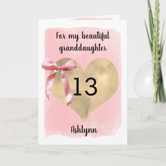 Pink Coquette Bow Gold Heart 13th Birthday  Card (Front)