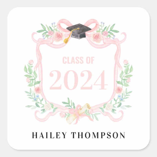 Pink Coquette Bow | Graduation Year Crest Square Sticker (Front)