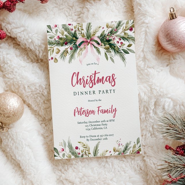 Pink Coquette Bow Grandmillennial Christmas Wreath Invitation (Pink Coquette Bow Grandmillennial Christmas Wreath Invitation)