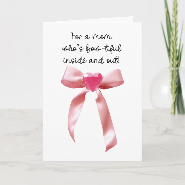 Pink Coquette Bow Heart Gem Mum Card (Front)