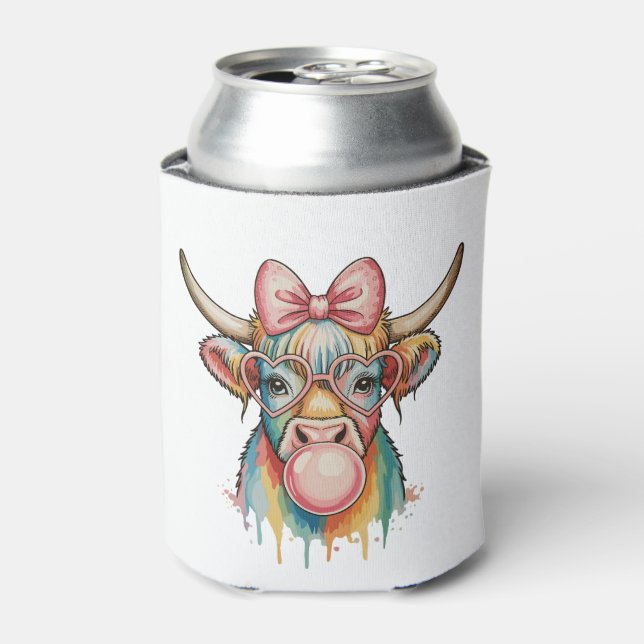 Pink Coquette Bow Highland Cow Bubblegum Can Cooler (Can Front)