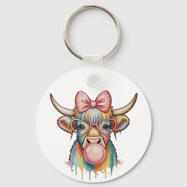 Pink Coquette Bow Highland Cow Bubblegum Key Ring (Front)