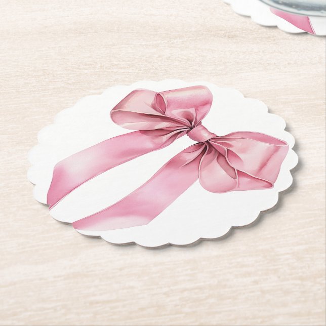 Pink Coquette Bow minimalist birthday Paper Coaster (Angled)
