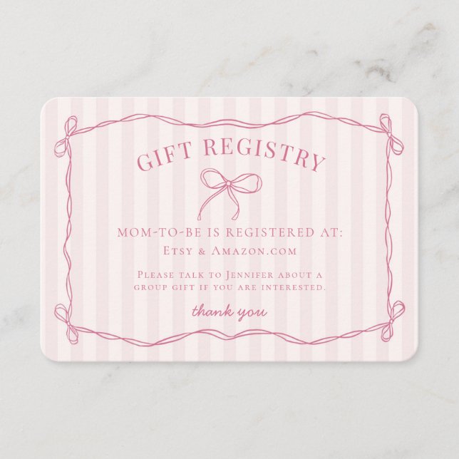Pink Coquette Bow Pastel Baby Shower Registry Enclosure Card (Front)