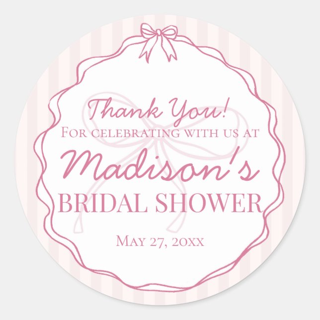 Pink Coquette Bow Pastel Bridal Shower Favour Classic Round Sticker (Front)