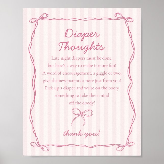 Pink Coquette Bow Pastel Diaper Thoughts Shower Poster (Front)
