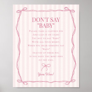 Pink Coquette Bow Pastel Dont Say Baby Shower Game Poster