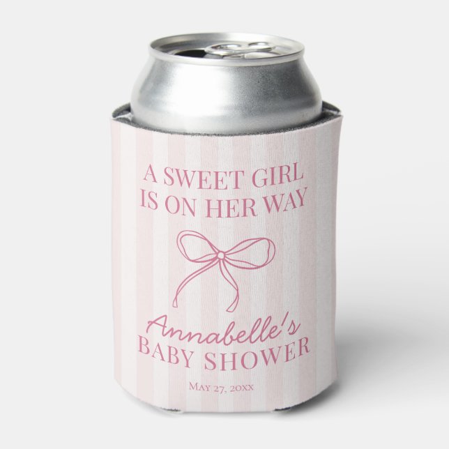 Pink Coquette Bow Pastel Striped Baby Shower Favou Can Cooler (Can Front)