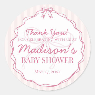Pink Coquette Bow Pastel Striped Baby Shower Favou Classic Round Sticker