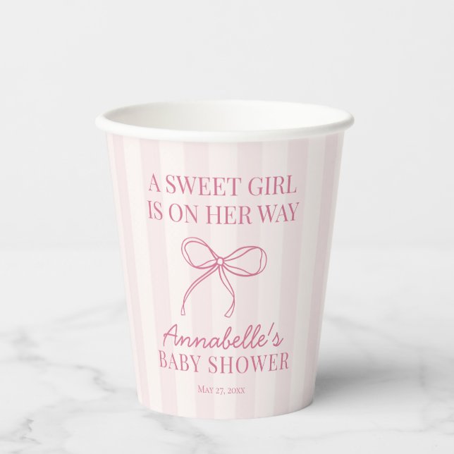 Pink Coquette Bow Pastel Striped Baby Shower Paper Cups (Front)