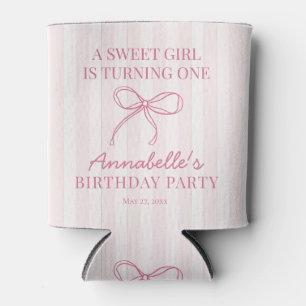 Pink Coquette Bow Pastel Striped Birthday Favor Can Cooler