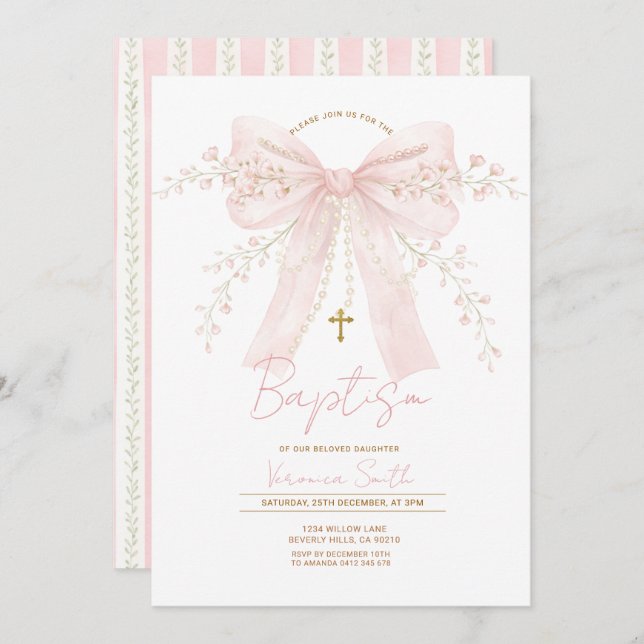 Pink Coquette Bow Pearls Baptism Christening Invitation (Front/Back)
