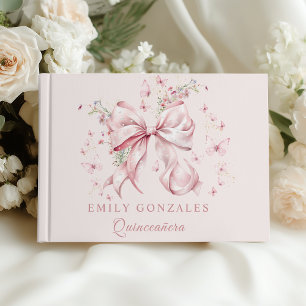 Pink Coquette Bow Pearls Quinceañera Birthday Guest Book