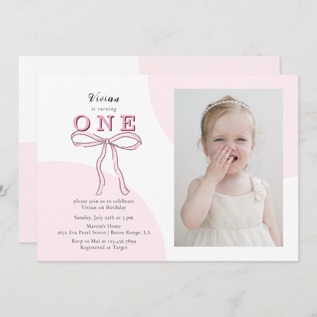 Pink Coquette Bow Photo 1st birthday Invitation (Front/Back)