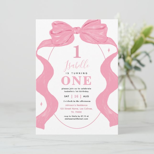 Pink Coquette Bow & Photo Ribbon 1st Girl Birthday Invitation (Standing Front)