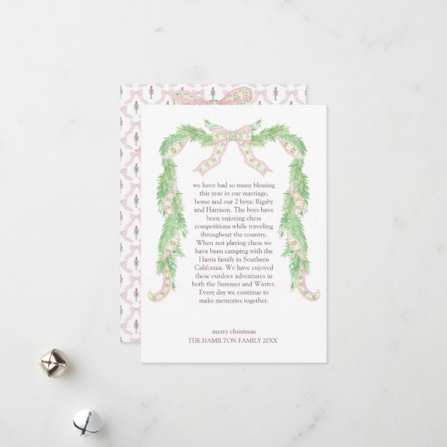 Pink Coquette Bow Preppy Nutcracker Christmas Holiday Card (Front/Back In Situ)