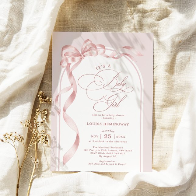 Pink Coquette Bow Ribbon Girl Baby Shower Invitation (Creator Uploaded)