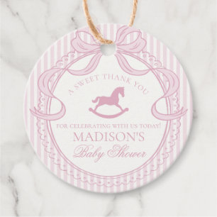 Pink Coquette Bow Rocking Horse Baby Shower Circle Favour Tags