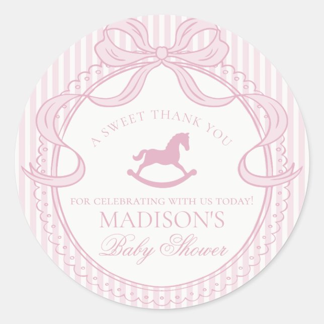 Pink Coquette Bow Rocking Horse Baby Shower Favor Classic Round Sticker (Front)