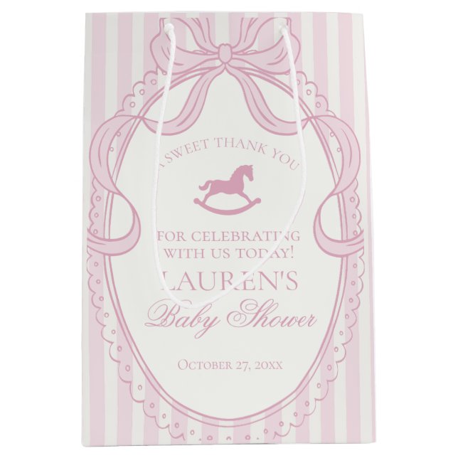 Pink Coquette Bow Rocking Horse Baby Shower Favors Medium Gift Bag (Front)