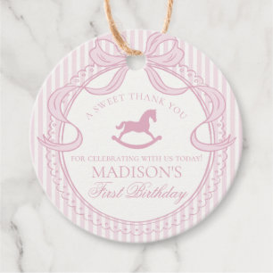 Pink Coquette Bow Rocking Horse Birthday Circle Favour Tags