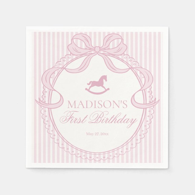 Pink Coquette Bow Rocking Horse Birthday Dessert Napkin (Front)