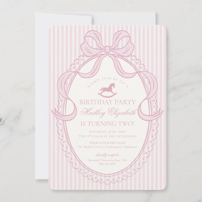 Pink Coquette Bow Rocking Horse Birthday Invitation (Front)