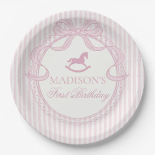 Pink Coquette Bow Rocking Horse Birthday Paper Plate