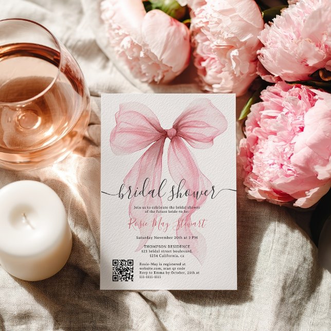 Pink Coquette Bow Romantic Qr code Bridal Shower Invitation (Pink Coquette Bow Romantic Qr code Bridal Shower Invitation)