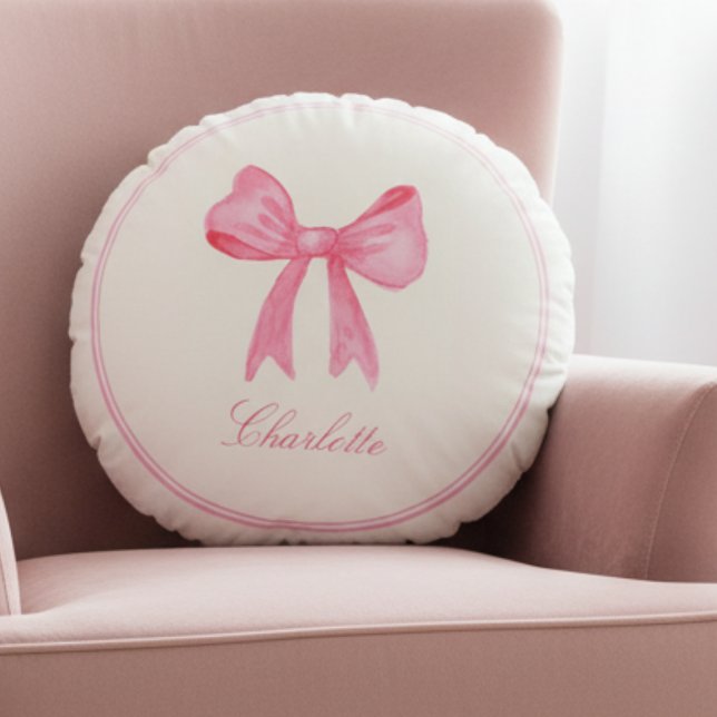 Pink Coquette Bow Round Cushion (cute sweet pink bow round pillow for girly coquette home decor, great gift for teen girls)