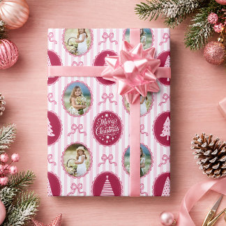 Pink Coquette Bow Striped Christmas Tree 4 Photo Wrapping Paper