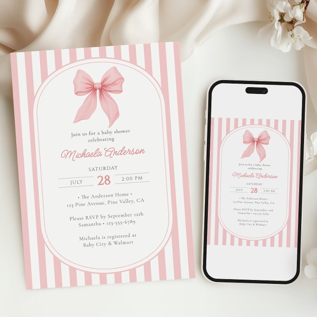 Pink Coquette Bow Striped Girl Baby Shower Invitation (Creator Uploaded)