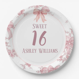 Pink Coquette Bow Sweet 16 Birthday Paper Plate