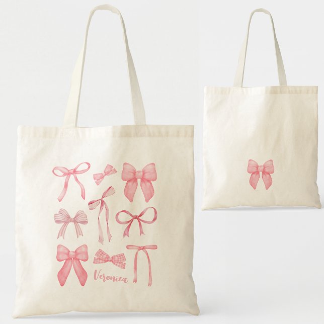Pink Coquette Bow Trendy Feminine Girly Aesthetic Tote Bag (Pink bow Coquette trend aesthetic tote bag personalized accessories with first name for bachelorette)
