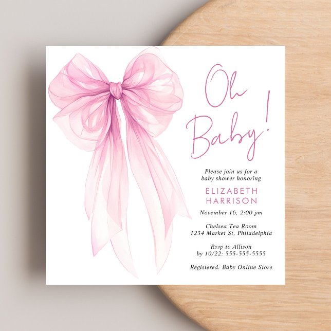 Pink Coquette Bow Watercolor Baby Girl Shower Invitation (Celebrate the upcoming arrival of your baby girl with a beautiful baby shower invitation)