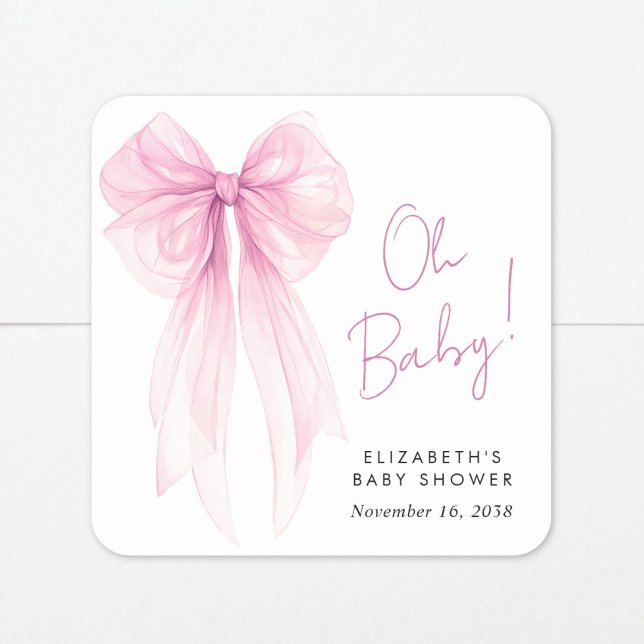 Pink Coquette Bow Watercolor Baby Girl Shower Square Sticker (Creator Uploaded)