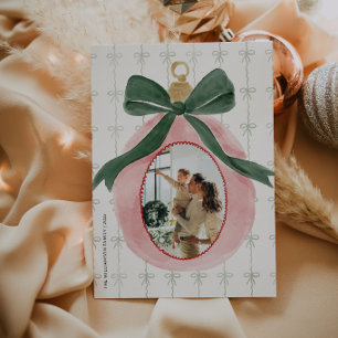 Pink Coquette Bow Watercolor Christmas Photo Card