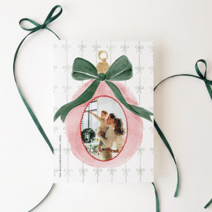 Pink Coquette Bow Watercolor Christmas Photo Card