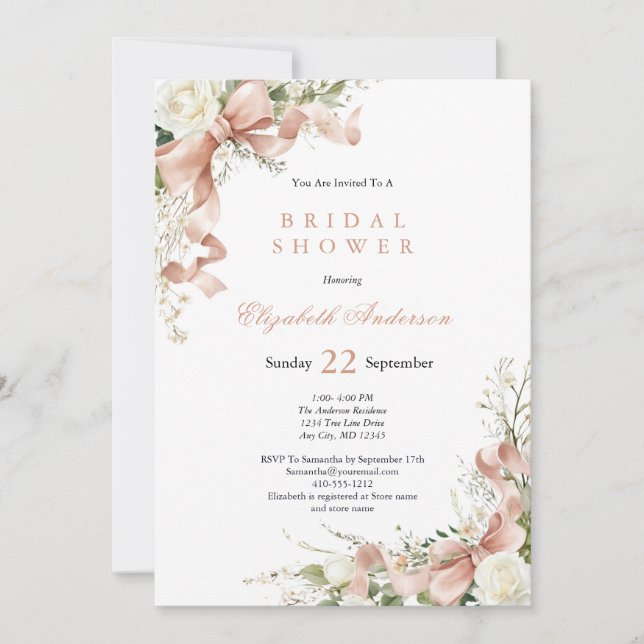 Pink Coquette Bow Watercolor Floral Bridal Shower Invitation (Front)