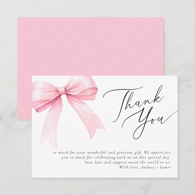 Pink Coquette Bow Wedding Shower Thank You Card (Front/Back)