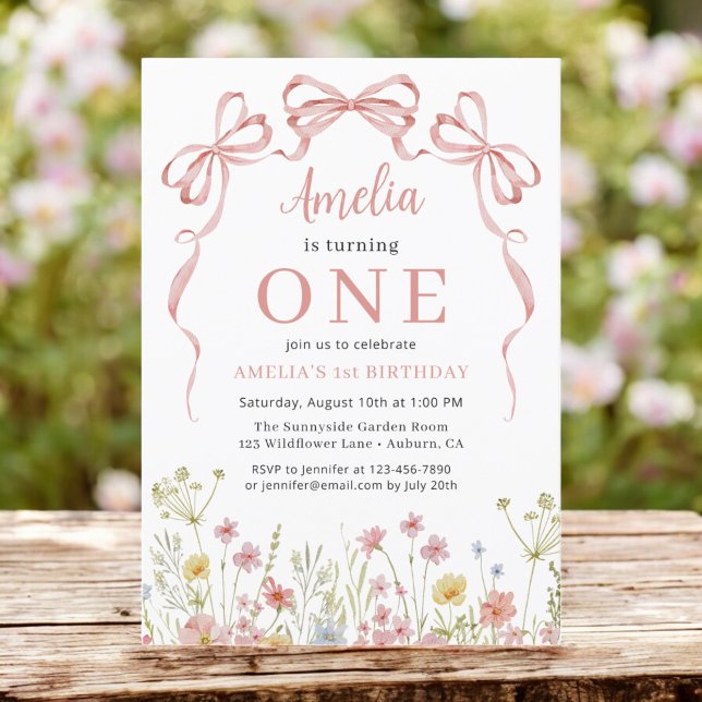 Pink Coquette Bow Wildflower 1st Birthday Girl's Invitation (Creator Uploaded)