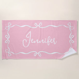 Pink Coquette Bows Beach Towel, Custom Name Beach Towel