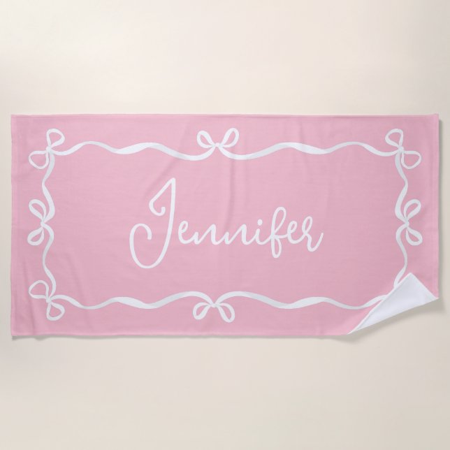 Pink Coquette Bows Beach Towel, Custom Name Beach Towel (Front)