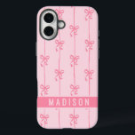 Pink Coquette Bows Modern Personalised Name Girly iPhone 16 Plus Case<br><div class="desc">Pink Coquette Bows Modern Personalised Name Girly iPhone 16 Plus Cases features your personalised name in a simple modern script typography with cute coquette bows. Perfect gift for her for birthday,  mum for Mother's Day,  sister or bestie for Christmas and holidays. Designed by ©2024 Evco Studio www.zazzle.com/store/evcostudio</div>